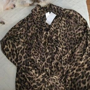Animal print tie neck blouse